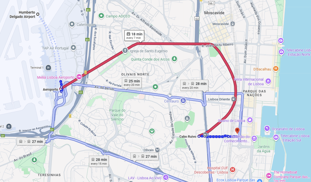 Metro route from Aeroporto to Cabo Ruivo station